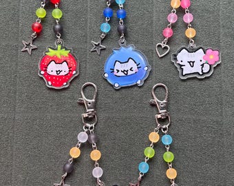 Acrylic Cat Charm Beaded Keychains – Kawaii Fruit, Star, Heart Charms