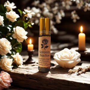 May include: A perfume bottle with a gold cap and a label that reads "Serenity Sueños" is surrounded by white roses and lit candles. The bottle is on a rustic wooden surface, creating a serene and elegant ambiance.