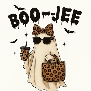 May include: A cartoon ghost wearing sunglasses and a leopard print bow, holding a leopard print cup and tote bag. The word "BOO-JEE" is written above the ghost in dripping black letters. Bats and stars are also in the image.