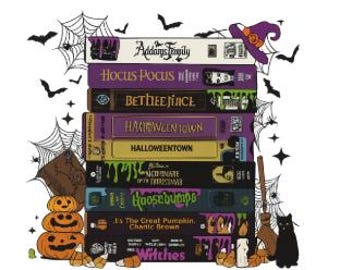 May include: A stack of Halloween-themed VHS tapes, including "Hocus Pocus," "Beetlejuice," and "Halloween Town." The image features a witch's hat, bats, spiderwebs, pumpkins, a black cat, and candy corn, creating a festive, spooky atmosphere.