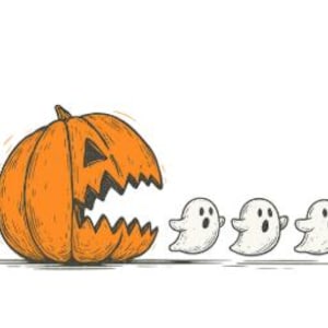 Puede incluir: Una calabaza naranja con una boca tallada y dentada y ojos y nariz triangulares negros. Tres pequeños fantasmas blancos de dibujos animados están alineados a la derecha de la calabaza. Ilustración con temática de Halloween.