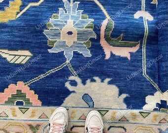 9x12 Blue Pink Floral Oushak Wool Rug, Hand Knotted Turkish Vintage Area Rug for Living Room, Elegant Pastel Handmade Carpet 6x9 5x8 Custom.