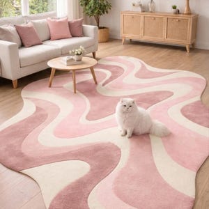 Tapis de luxe en laine touffeté à la main, moderne pastel abstrait vague 9 x 12, tapis de forme organique irrégulière, tapis de créateur, tapis de salon