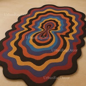 Hand Tufted Irregular Shape Colorful Rug | Modern Wavy Pattern Carpet | Psychedelic Multicolor Wool Area Rug | Unique Living Room Home Decor