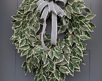 Corona de follaje de ficus para la puerta principal, corona de hojas variadas, decoración de puerta estilo rústico, corona para uso diario con lazo