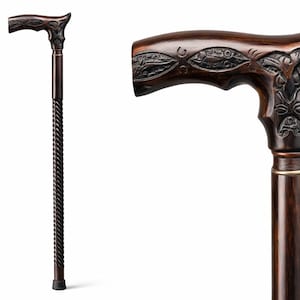 Bastón de madera tallado a mano: mango retorcido y detalles de latón.