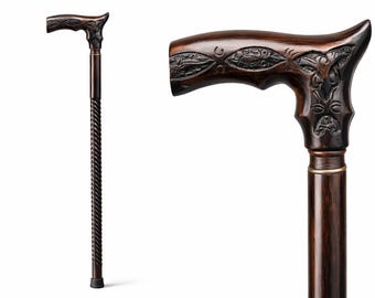 Hand Carved Wooden Walking Cane – Twisted Shaft, Brass Accents