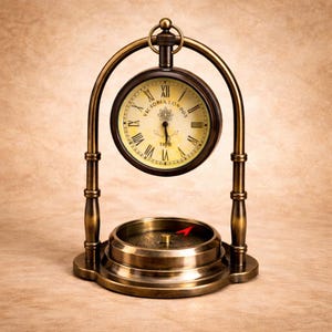 Vintage Brass Desk Clock with Compass Base – Victorian Nautical Tabletop Timepiece