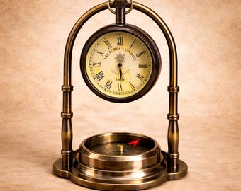 Vintage Brass Desk Clock with Compass Base – Victorian Nautical Tabletop Timepiece