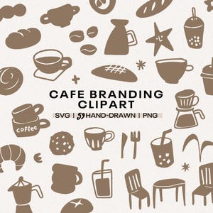Pode incluir: Uma coleção de elementos de clipart desenhados à mão com tema de café marrom, incluindo xícaras de café, pão, doces e grãos de café. O texto "CAFE BRANDING CLIPART" é exibido, junto com "SVG | 59 HAND-DRAWN | PNG".