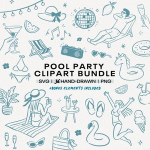 Pool Party Clipart Bundle, Summer Party Doodle Clipart, Beach Vacation SVG PNG, Pool Float Clipart, Tropical Summer Elements