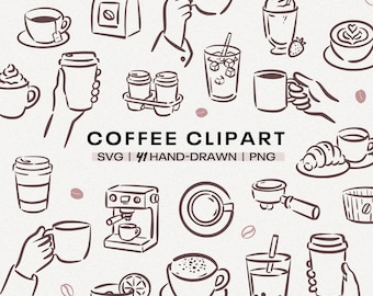 May include: A collection of hand-drawn coffee-themed clipart in black and white. The image includes various coffee cups, coffee beans, a coffee maker, and the text "COFFEE CLIPART SVG | HAND-DRAWN | PNG".