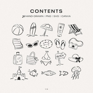 May include: A collection of 56 hand-drawn black and white summer-themed icons labeled CONTENTS. The set includes illustrations of a beach ball, surfboard, umbrella, sunscreen, deck chair, towel, sunglasses, float, flip-flops, camera, suitcase, bag, bikini, beach sign, hat, sandcastle, fish, and jellyfish.