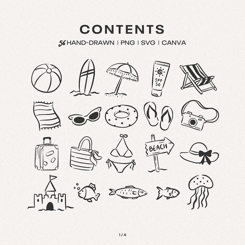 May include: A collection of 56 hand-drawn black and white summer-themed icons labeled CONTENTS. The set includes illustrations of a beach ball, surfboard, umbrella, sunscreen, deck chair, towel, sunglasses, float, flip-flops, camera, suitcase, bag, bikini, beach sign, hat, sandcastle, fish, and jellyfish.