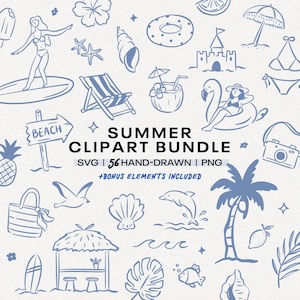 Puede incluir: Una colección de imágenes prediseñadas de verano dibujadas a mano en azul, que incluyen un surfista, una silla de playa y una palmera. Se muestra el texto "SUMMER CLIPART BUNDLE", junto con "SVG | 56 HAND-DRAWN | PNG" y "+BONUS ELEMENTS INCLUDED".