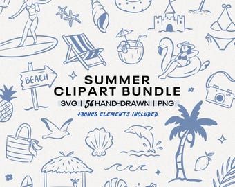 May include: A collection of hand-drawn summer-themed clipart in blue, including a surfer, beach chair, and palm tree. The text "SUMMER CLIPART BUNDLE" is displayed, along with "SVG | 56 HAND-DRAWN | PNG" and "+BONUS ELEMENTS INCLUDED".