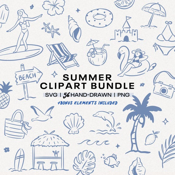 Summer Clipart Bundle, Coastal Beach SVG PNG, Hand Drawn Pool Party Icons, Canva Elements, Vacation Doodles, Whimsical Beach Summer Icons