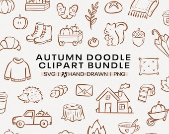 May include: A digital collection of 75 hand-drawn brown line art icons featuring autumn themes like pumpkins, a squirrel, a cozy house, a campfire, sweaters, and baked goods, with the text AUTUMN DOODLE CLIPART BUNDLE SVG | 75 HAND-DRAWN | PNG.
