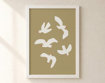 Minimal Bird Wall Art, Neutral Flying Birds Poster, Scandinavian Decor for Living Room, Modern Nursery Printable, Boho Home Wall Art