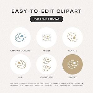 May include: Digital graphic set titled EASY-TO-EDIT CLIPART featuring SVG, PNG, and CANVA formats. Six circular icons display a moon and star illustration with labels: CHANGE COLORS, RESIZE, ROTATE, FLIP, DUPLICATE, and INVERT. Text at the bottom provides usage information.