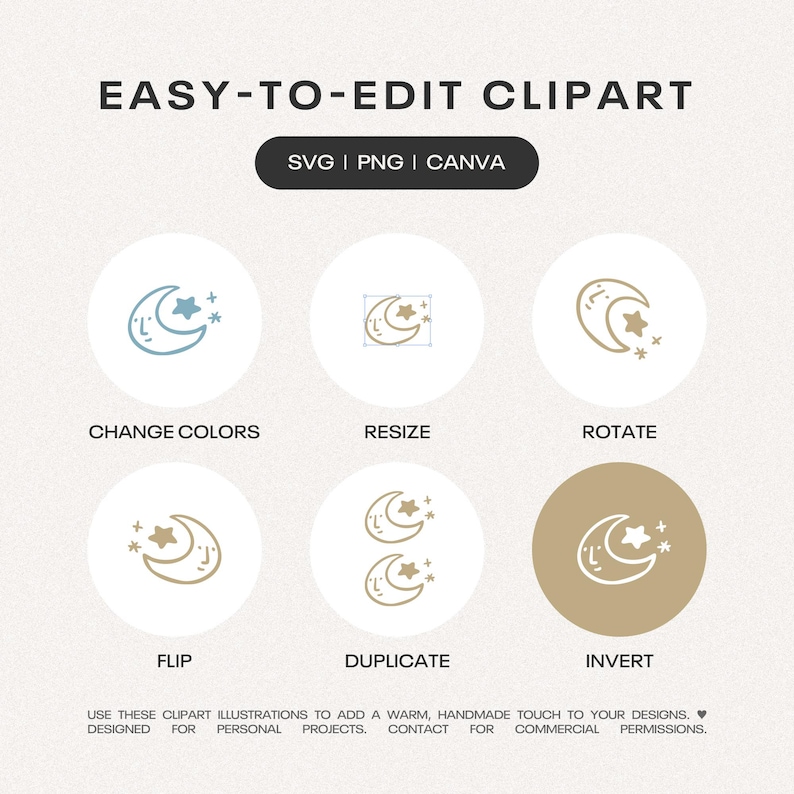 May include: Digital graphic set titled EASY-TO-EDIT CLIPART featuring SVG, PNG, and CANVA formats. Six circular icons display a moon and star illustration with labels: CHANGE COLORS, RESIZE, ROTATE, FLIP, DUPLICATE, and INVERT. Text at the bottom provides usage information.