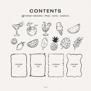 May include: A digital collection titled CONTENTS featuring 56 hand-drawn illustrations in black ink. The set includes icons of cocktails, ice cream, fruit slices, a pineapple, tropical leaves, and four distinct rectangular frames labeled 01 to 04.
