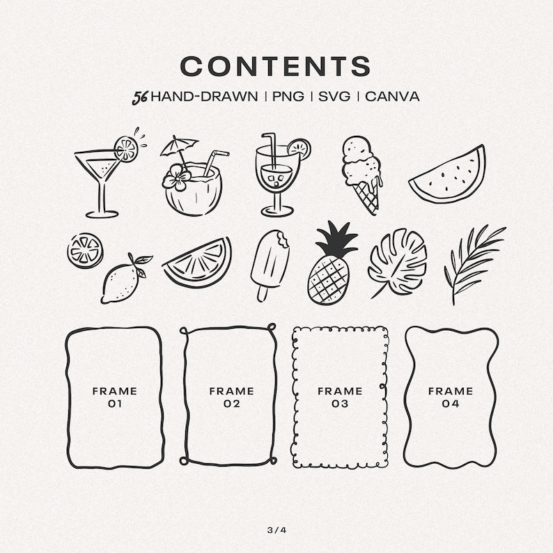 May include: A digital collection titled CONTENTS featuring 56 hand-drawn illustrations in black ink. The set includes icons of cocktails, ice cream, fruit slices, a pineapple, tropical leaves, and four distinct rectangular frames labeled 01 to 04.