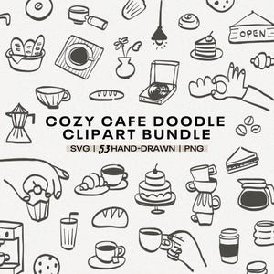 Koffie en bakkerij clipart bundel, handgetekende doodle SVG png, café clipart, coffeeshop branding elementen, bakkerij SVG, gezellig café, commercieel gebruik