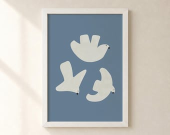 Minimalist Bird Wall Art, Flying Doves Digital Print, Neutral Blue Home Decor, Calm Animal Poster, Boho Living Room Art, Peaceful Printable
