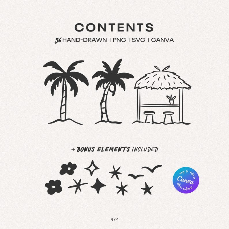 May include: A digital collection of 56 hand-drawn black graphic elements including two palm trees, a tiki hut with stools, flowers, stars, and birds. The text reads CONTENTS, 56 HAND-DRAWN | PNG | SVG | CANVA, + BONUS ELEMENTS INCLUDED, and 4/4.