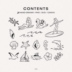 May include: A collection of 56 hand-drawn black line art illustrations featuring beach and ocean themes. The set includes starfish, seashells, a sailboat, a motorboat, a dolphin, tropical flowers, and figures on surfboards and pool floats.