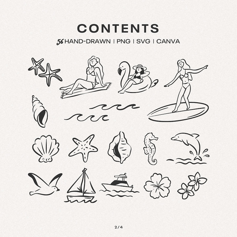 May include: A collection of 56 hand-drawn black line art illustrations featuring beach and ocean themes. The set includes starfish, seashells, a sailboat, a motorboat, a dolphin, tropical flowers, and figures on surfboards and pool floats.