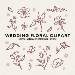 Wedding Floral Clipart, Hand Drawn Flower Doodle SVG PNG, Botanical Line Art Elements, Minimal Floral Graphics for Wedding Invitation, Canva