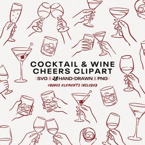 Puede incluir: Ilustraciones de arte lineal rojo dibujadas a mano de copas de cóctel y vino, manos brindando y vasos con cubitos de hielo. El texto "COCKTAIL & WINE CHEERS CLIPART" se muestra en fuente negra.