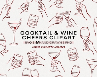 May include: A collection of hand-drawn red line art illustrations of cocktail and wine glasses, hands toasting, and glasses with ice cubes. The text "COCKTAIL & WINE CHEERS CLIPART" is displayed in black font.