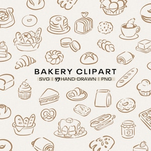 Könnte beinhalten: Eine Sammlung handgezeichneter Bäckerei-Cliparts in einem sich wiederholenden Muster. Die Illustrationen zeigen verschiedene Backwaren wie Croissants, Brot, Donuts und Gebäck. Der Text "BAKERY CLIPART" ist in der Mitte zu sehen.