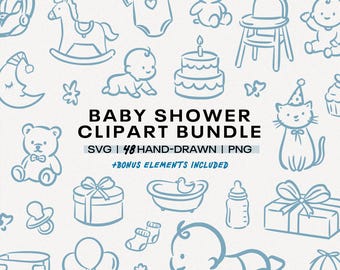 May include: A collection of hand-drawn baby-themed clip art in light blue, including a baby, rocking horse, cake, and gifts. The text "BABY SHOWER CLIPART BUNDLE" is displayed. Includes SVG, PNG, and bonus elements.