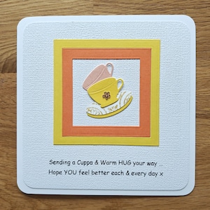 Handgemachte Grußkarte mit italienischem Kaffeemotiv: "Sending a Cuppa and Warm HUG your way ... hope YOU feel better every and every day x"