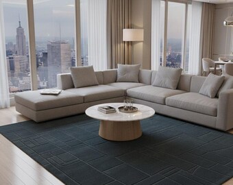 Modern Geometric Hand-Tufted Wool Rug | Minimalist Dark Charcoal Blue Living Room Carpet