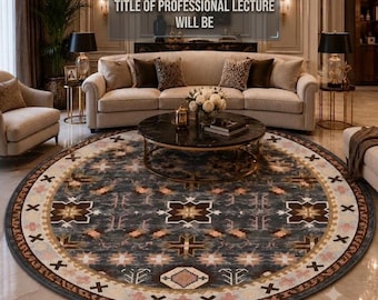 May include: A large round area rug featuring a dark grey base with a repeating geometric pattern in brown, cream, and soft pink. The rug has a wide border with cross-shaped motifs. Text overlay reads: TITLE OF PROFESSIONAL LECTURE WILL BE.
