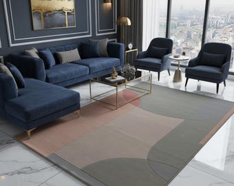 Modern Geometric Wool Area Rug, Sage Green Blush Pink Minimalist Carpet
