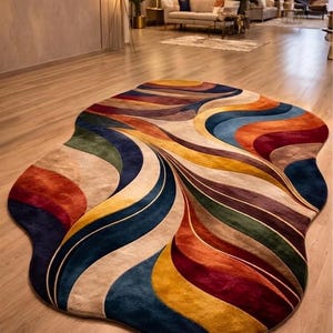 Pode incluir: Um tapete de formato irregular com um padrão vibrante e multicolorido de listras fluidas em forma de onda. O design incorpora tons profundos de azul, amarelo mostarda, laranja queimado, bordô, verde floresta e creme em um layout curvo.