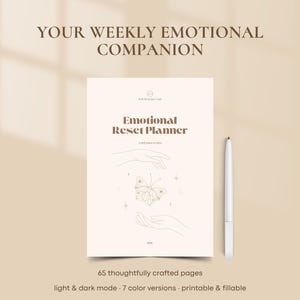 May include: A beige planner titled "Emotional Reset Planner" with a butterfly illustration and the text "Your Weekly Emotional Companion." Includes a white pen and the text "Download Now."