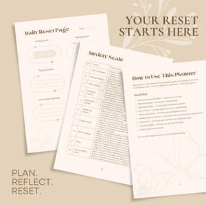 May include: A collection of beige-colored planner pages with text. The pages include sections for daily resets, anxiety scales, and instructions. The text "YOUR RESET STARTS HERE" is at the top, and "PLAN. REFLECT. RESET." is at the bottom.