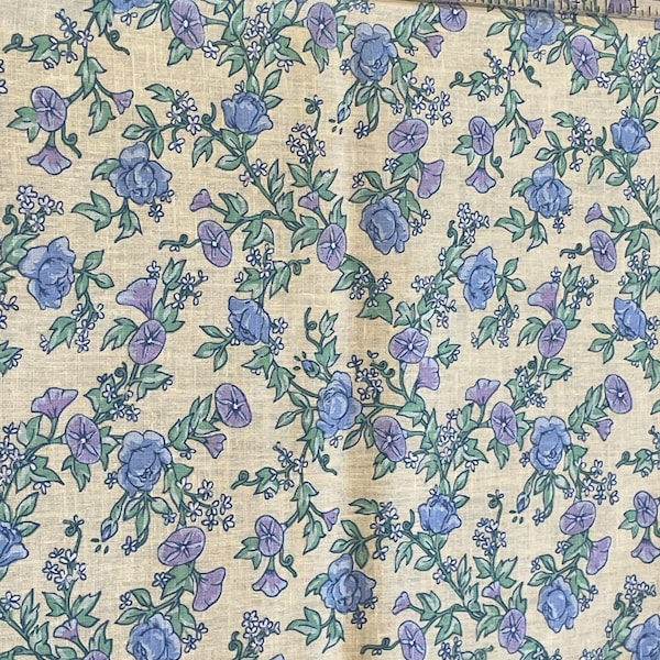 Vintage Purple Petunias and Blue Roses Flowers Fabric Quilting Sewing Cotton Blend Crisp Hand Lightweight 24"L x 44"W