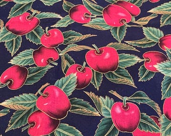 Hoffman California Apples A Woodland Winter Gold metallic detail Fruit Fabric Cotton Quilting, decor by Half Yard