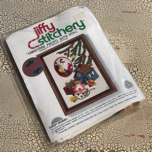 Vintage Jiffy Stitchery Keepsake Christmas Holiday Crewel Embroidery Kits Christmas Picture with Doll, Teddy Bear Options Jennings 1980