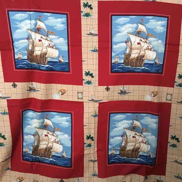 Vintage Tall Sailing Ships Nautical Fabric Schooners Cranston Cotton Print and Pillow Quilt Panel 4 Squares for Quilting, Decor, Pillows diy