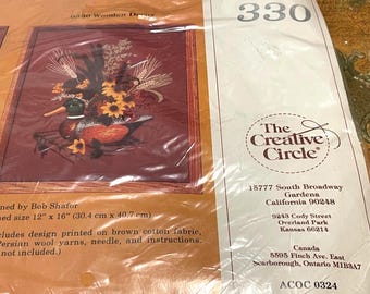 Vintage Mallard WOODEN DECOY Duck & Flowers, Wheat Crewel Embroidery Kit 1980s  diy Creative Circle Sealed Harvest Grannycore