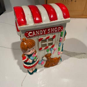 Vintage 1960s Candy Shop with Boy & Girl and Puppy Dog Lollipops by Holiday Fair Coin Bank Made in Japan Chalkware Plaster